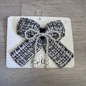 Bow Fancy‎ Danbar Black White Tweed Hair Clip with Faux Pearl Bow Accent NIP